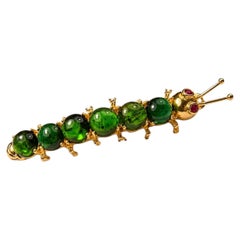 14K Yellow Gold Cabochon Peridot Caterpillar Brooch Pin