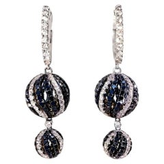 18K White Gold Black Diamond Hoop Drop Sphere Ball Earrings Estate