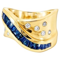 14K Yellow Gold Princess Cut Sapphire Diamond Wide Designer Ring Band