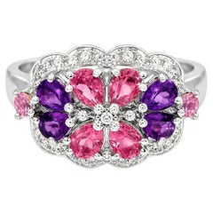 14K White Gold Diamond Tourmaline Amethyst Floral Ring Band
