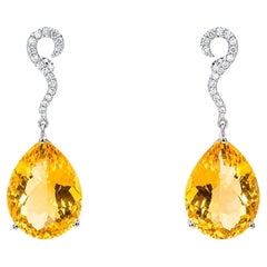 18K White Gold Diamond Citrine Drop Earrings Pear Citrine