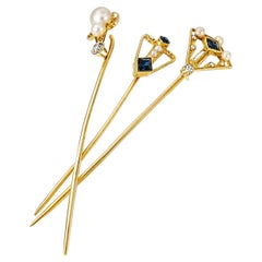 14K Yellow & White Gold Victorian Sapphire Diamond Seed Pearl Stick Pin Set