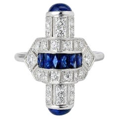 14K White Gold Hand Cut Diamond Sapphire Mosaic Ring Art Deco Estate