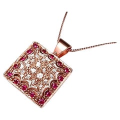14K Pink Rose Gold Diamond Ruby Filigree Pendant Slide