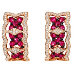 14K Pink Rose Gold Diamond Ruby Flower Huggie Earrings Estate Floral
