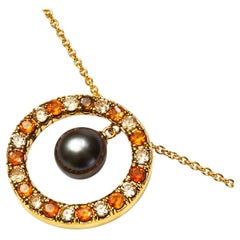 14K Yellow Gold Black Pearl Orange Citrine Topaz Pendant Necklace