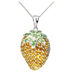 14K White Gold Orange Citrine Tsavorite Strawberry Pendant Necklace