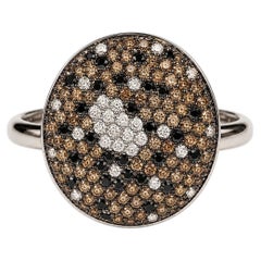 14K White Gold Estate Black, Champagne & White Diamond Heart Mosaic Paved Ring