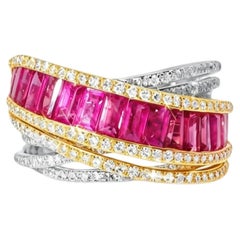 14K Two Tone Gold Baguette Ruby Diamond Wide Band Ring Estate by EFFY
