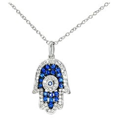 14K White Gold Hamsa Sapphire Diamond Pendant Estate