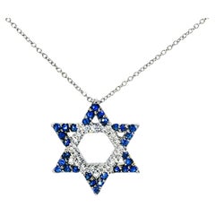 14K White Gold Sapphire Diamond Star of David Pendant Necklace Estate by EFFY