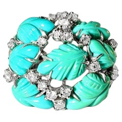 18K White Gold Turquoise and Diamond Carved Leaf Ring