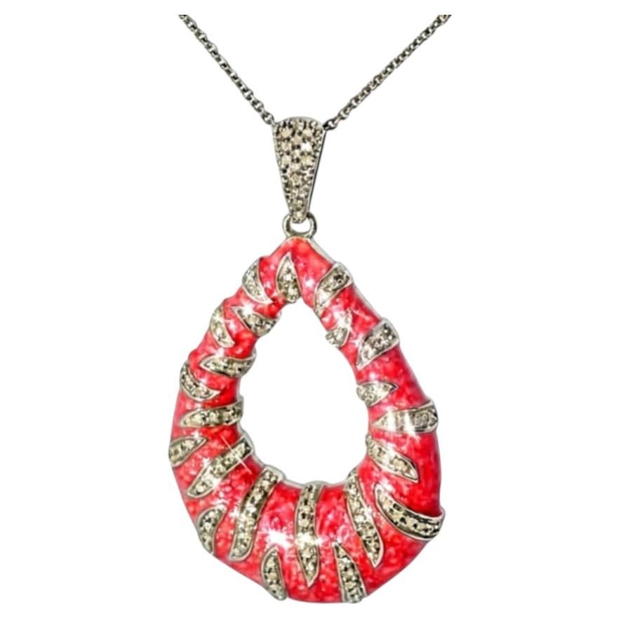 Collar con colgante de diamantes y esmalte rosa, de plata de ley, de segunda mano