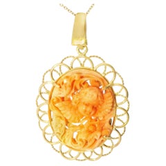 14K Gold Filigree Red Coral Cameo Reversible Angel Pendant Slide Estate