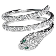 14K White Gold Diamond Snake Swirl Band Ring Emerald Eyes