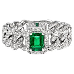 18K White Gold Diamond Emerald Cuban Chain Link Band Ring
