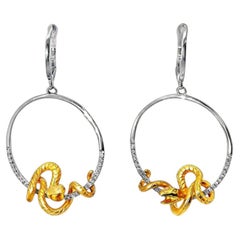 14K Two Tone Gold Diamond Snake Animal Loop Earrings Estate