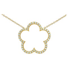 Collier avec pendentif floral en forme de trèfle à cinq feuilles, en or jaune 14 carats et orné de diamants