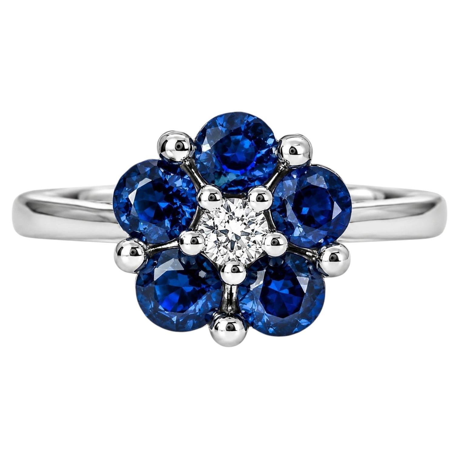 14K White Gold Diamond Sapphire Flower Ring For Sale