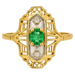 Anillo antiguo de segunda mano de oro amarillo de 14 quilates con esmeraldas, diamantes y filigrana