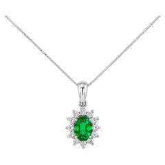 14K White Gold Oval Emerald Diamond Drop Pendant Necklace Estate