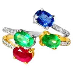 18K Gold Diamond Ruby Emerald Sapphire Duo Bypass Ring Estate