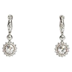 14K White Gold Pave Diamond Sunflower Drop Earrings Estate