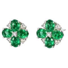 14K White Gold Emerald Diamond Flower Stud Earrings Estate Floral