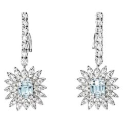 18K White Gold Pave Diamond Sunflower Drop Earrings Estate