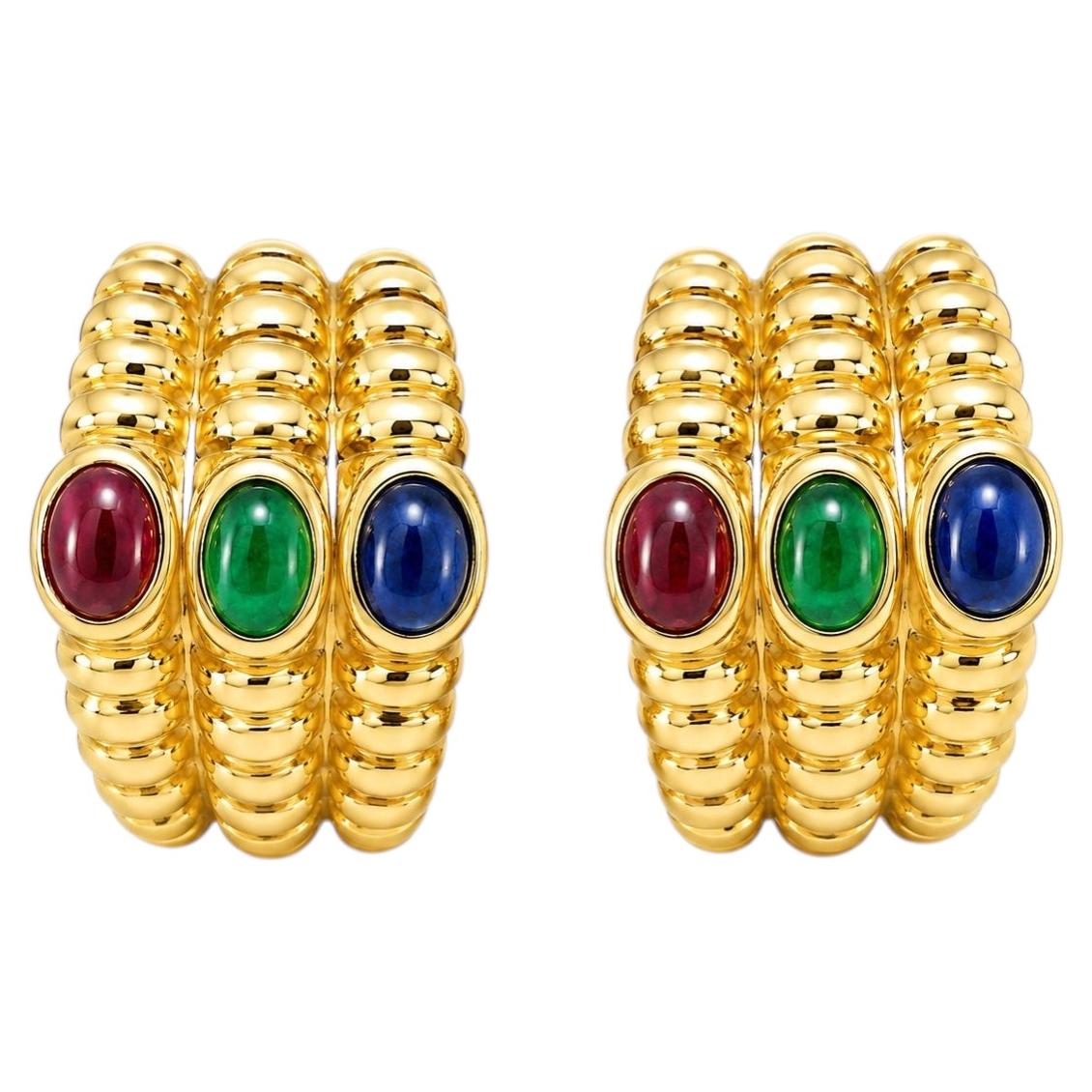 14K Yellow Gold Cabochon Ruby Emerald Sapphire Clip Earrings For Sale
