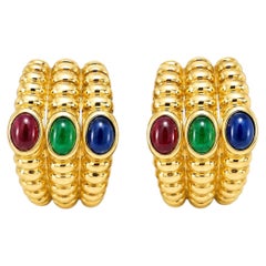 14K Yellow Gold Cabochon Ruby Emerald Sapphire Clip Earrings