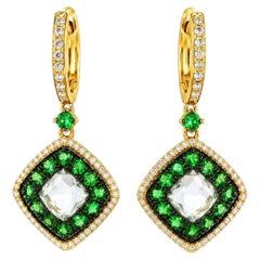 14K Yellow Gold Green Amethyst Diamond Tsavorite Drop Dangle Earrings