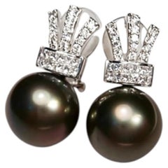 18K White Gold Tahitian Pearl Diamond Drop Earrings Estate