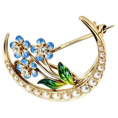 14K Yellow Gold Moon Seed Pearl Enamel Diamond Victorian Estate Brooch Pin