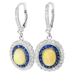 18K White Gold Diamond Opal Sapphire Dangle Earrings Art Deco Antique Estate