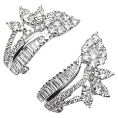 18K White Gold Designer Diamond Flower French Clip Earrings