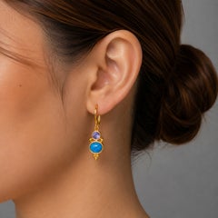 14K Yellow Gold Blue Opal Tanzanite Dangle Drop Designer Earrings
