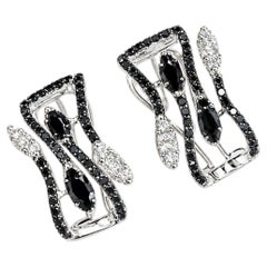 14K White Gold Black Diamond Leaf Huggie Earrings Estate