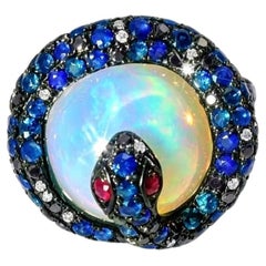 14K White Gold Chalcedony Quartz Sapphire Ruby Diamond Snake Ring Band