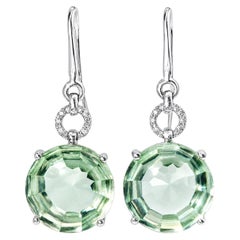 18K White Gold Diamond Cabochon Green Amethyst Hanging Earrings