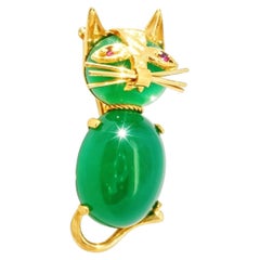 14K Yellow Gold Green Aventurine Ruby Cat Brooch Pin