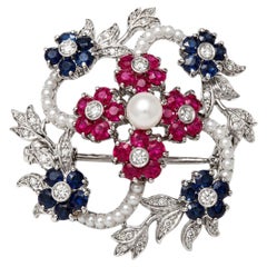 18K White Gold Diamond Ruby Sapphire Seed Pearl Brooch Victorian Estate