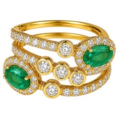 18K Yellow Gold Emerald Diamond Bypass Cocktail Ring Band