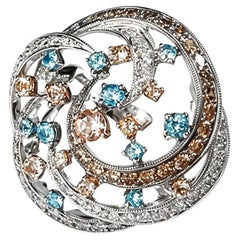 18K White Gold Brown Diamond Aquamarine Morganite Huge Ring