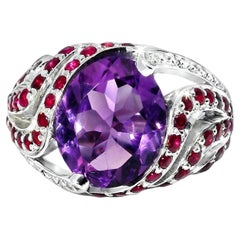 14K White Gold Amethyst Ruby Pave Diamond Ring Band
