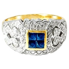 14K Yellow Gold Sapphire Diamond Filigree Cluster Band Ring