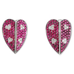 18K White Gold Diamond Red Sapphire Heart Earrings