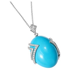 14K White Gold Diamond Turquoise Pendant Necklace
