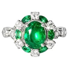14K White Gold Emerald Diamond Cluster Ring