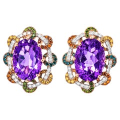 14K Rose Pink Gold Diamond Amethyst Huggie Earrings